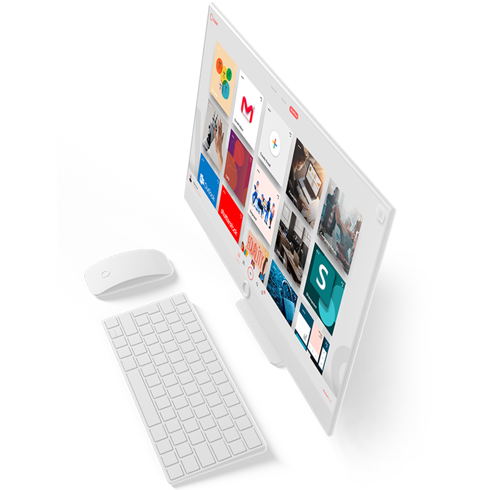 A graphic design of a white desktop computer with keyboard and mouse from side on. The screen shows a visualisation of the HulerHub Workplace dashboard