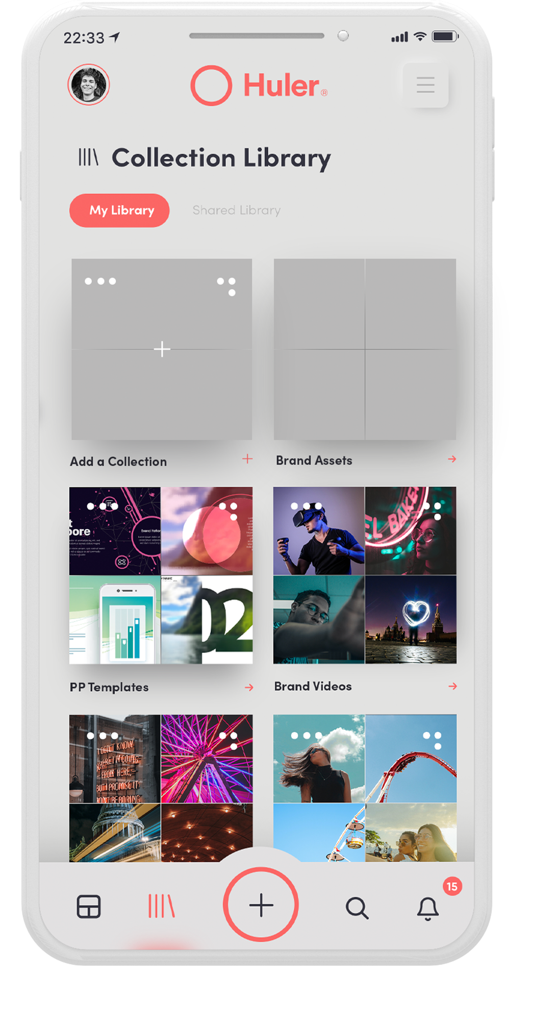 a graphic design of a white smartphone. The screen shows a Collection Library with Collections for Brand Assets, PP Templates, and Brand Videos