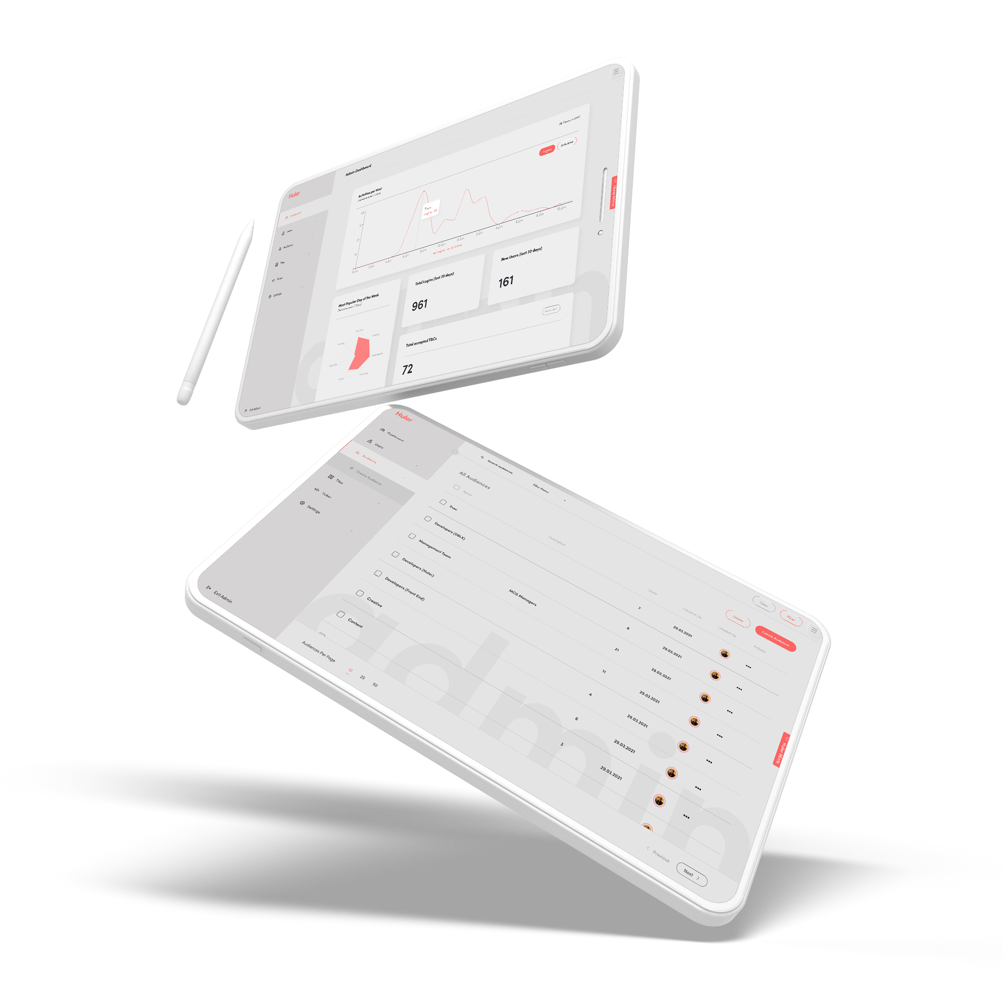 Graphic design of two white electronic tablets alongside a styles. The screens show the HulerHub Admin dashboard with engagement visualisations.